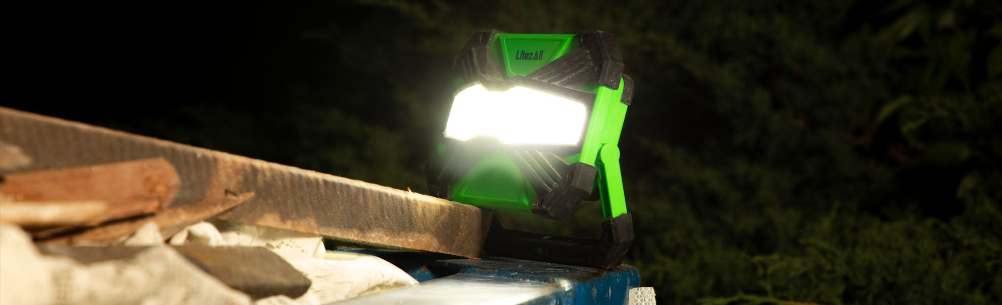 Battery powered work lights with adjustable stands, magnets, clips and other methods of mounting and aiming light