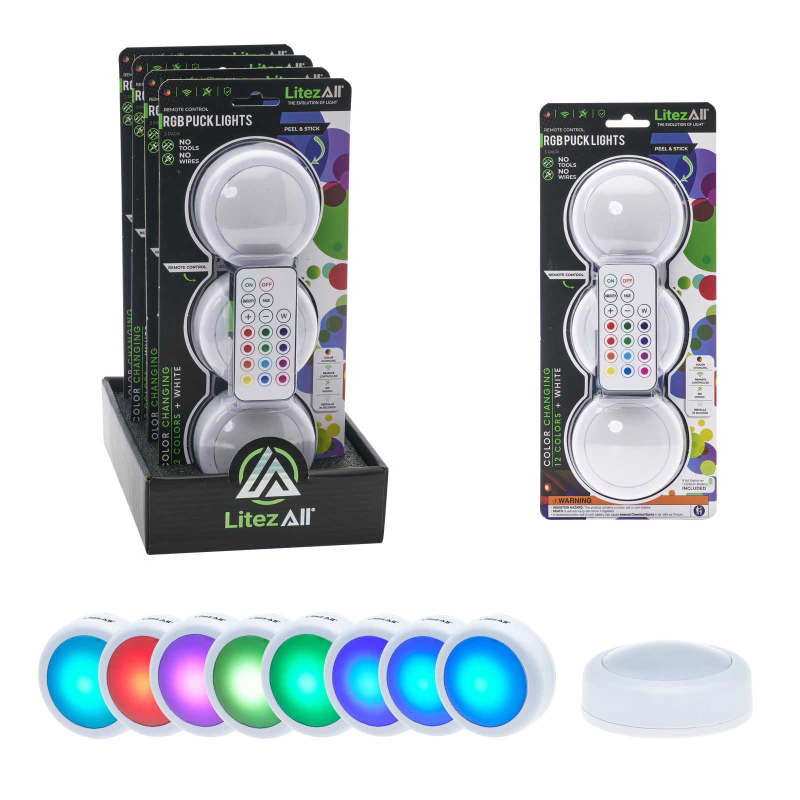 LitezAll RGB Large Puck Light 3pk w/ Remote - LitezAll - Home Accent - 1
