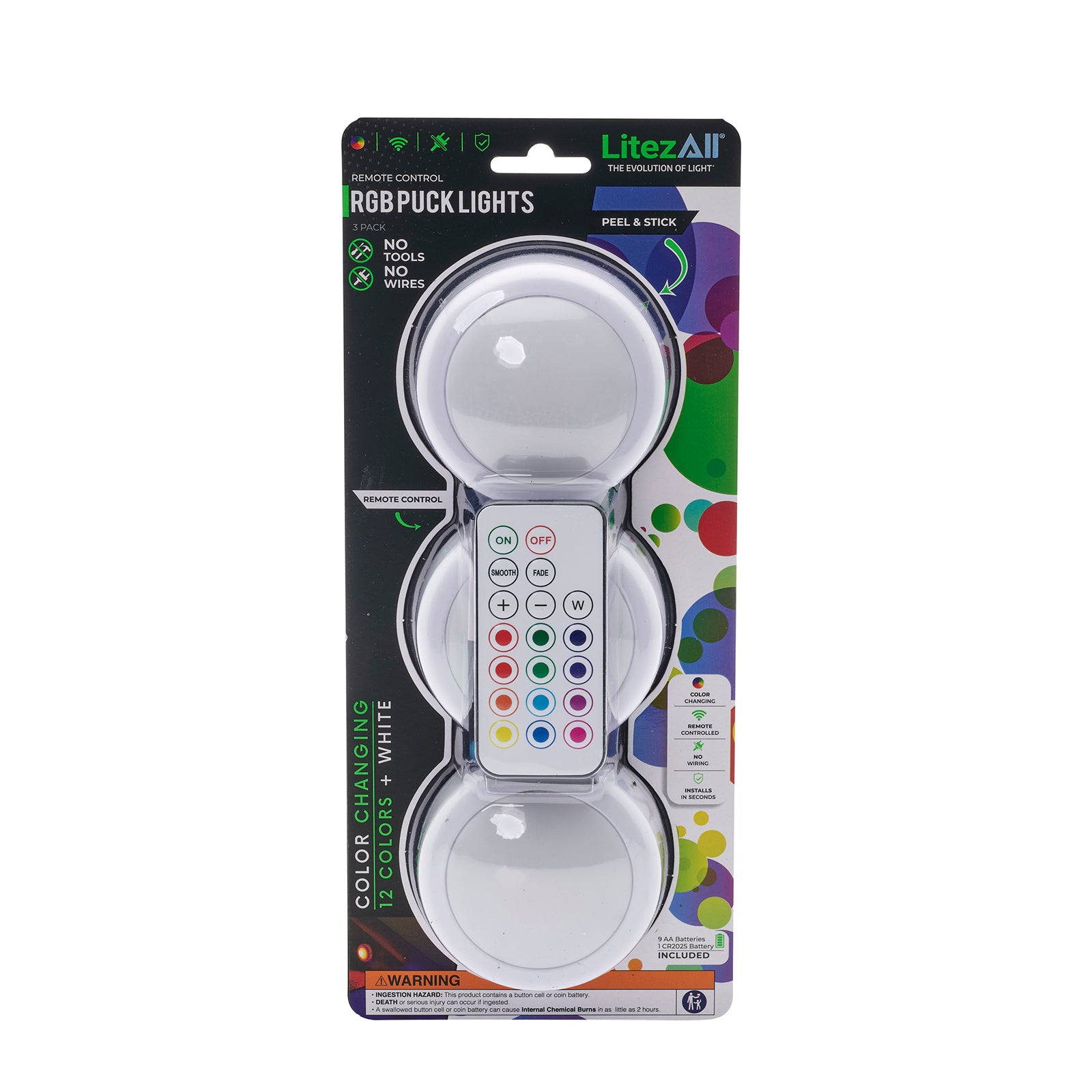 LitezAll RGB Large Puck Light 3pk w/ Remote - LitezAll - Home Accent - 35