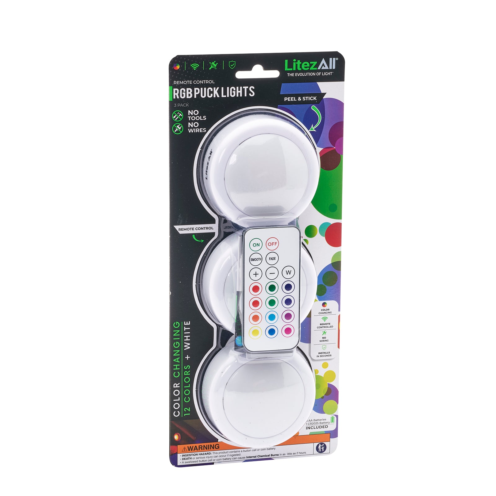 LitezAll RGB Large Puck Light 3pk w/ Remote - LitezAll - Home Accent - 36