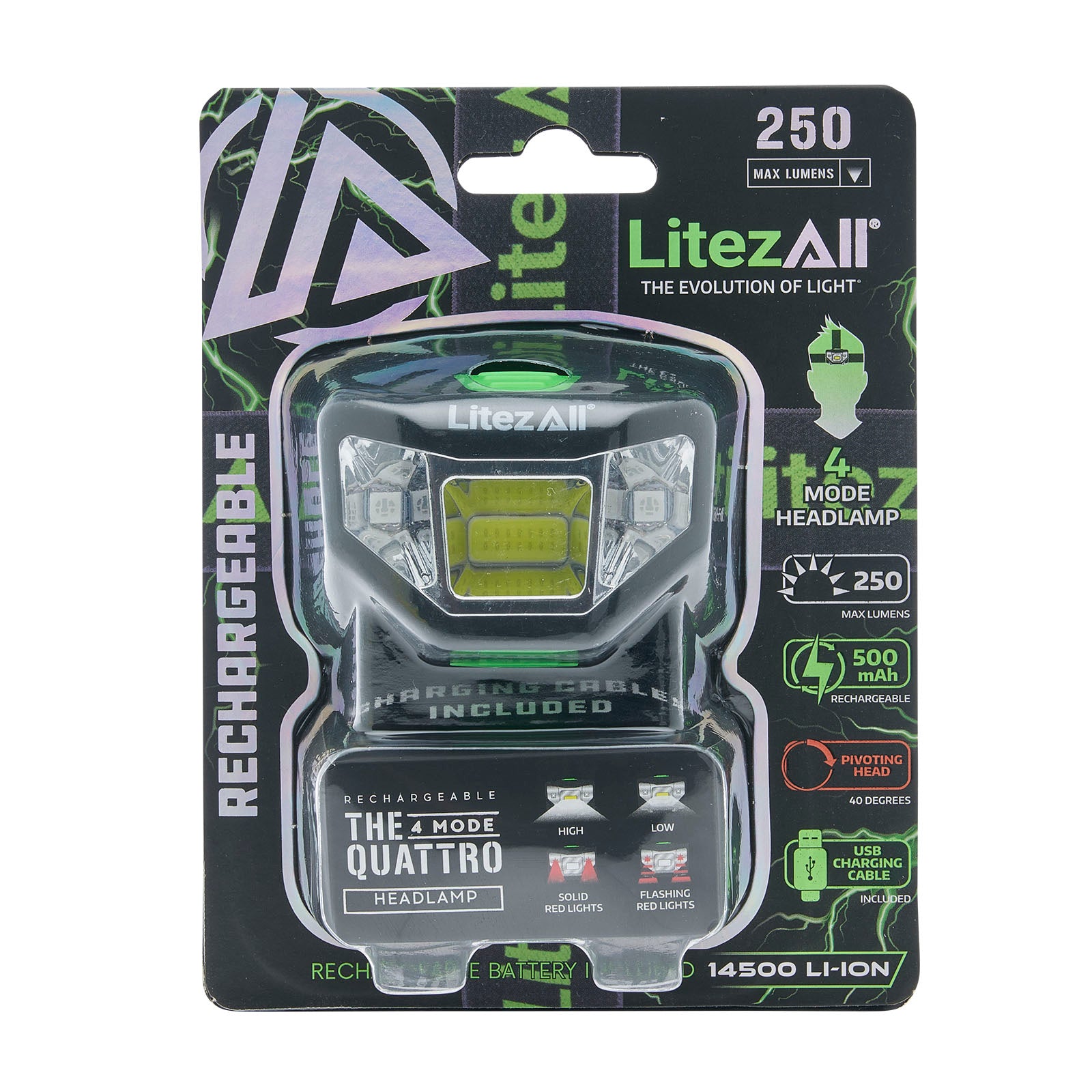 LitezAll® Rechargeable Quattro 4 Mode Headlamp