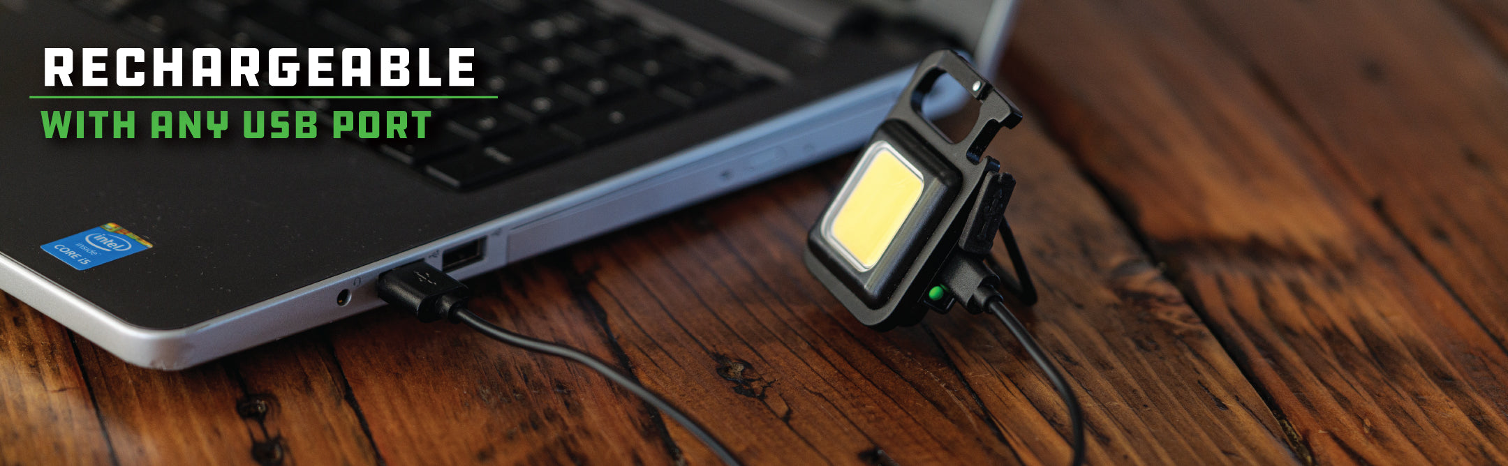 Kodiak Kompanion Compact Work Light Being Charged from a USB Power Source