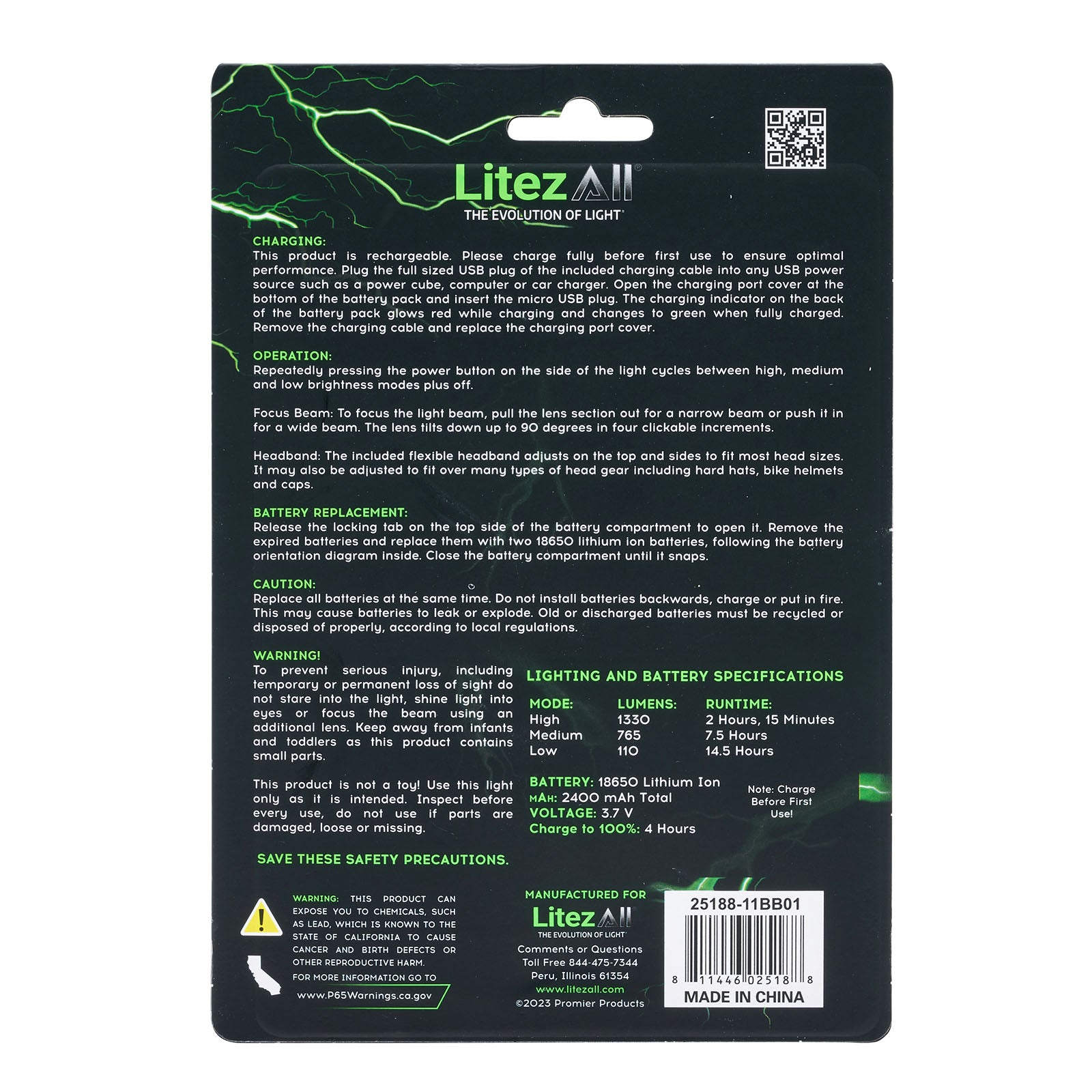 LitezAll Rechargeable 1300 Lumen Head Lamp