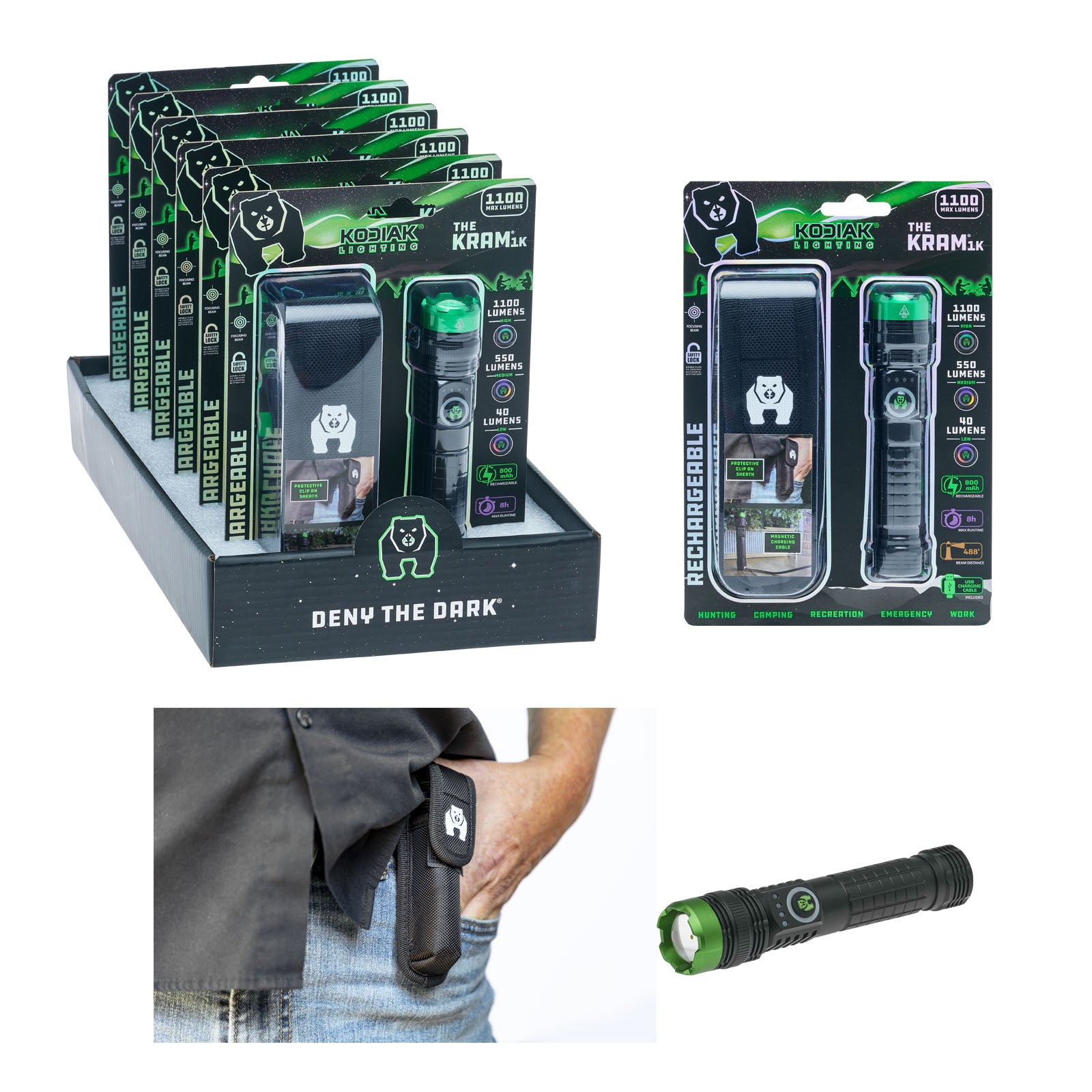 Kodiak 1000 Lumen Rechargeable Tactical Flashlight with Charging LitezAll