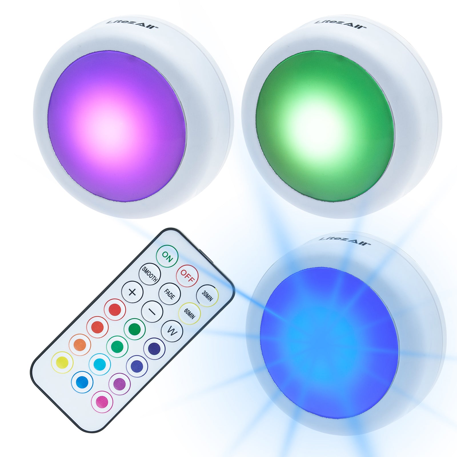 LitezAll Remote Control RGB Puck Lights 3 Pack - LitezAll