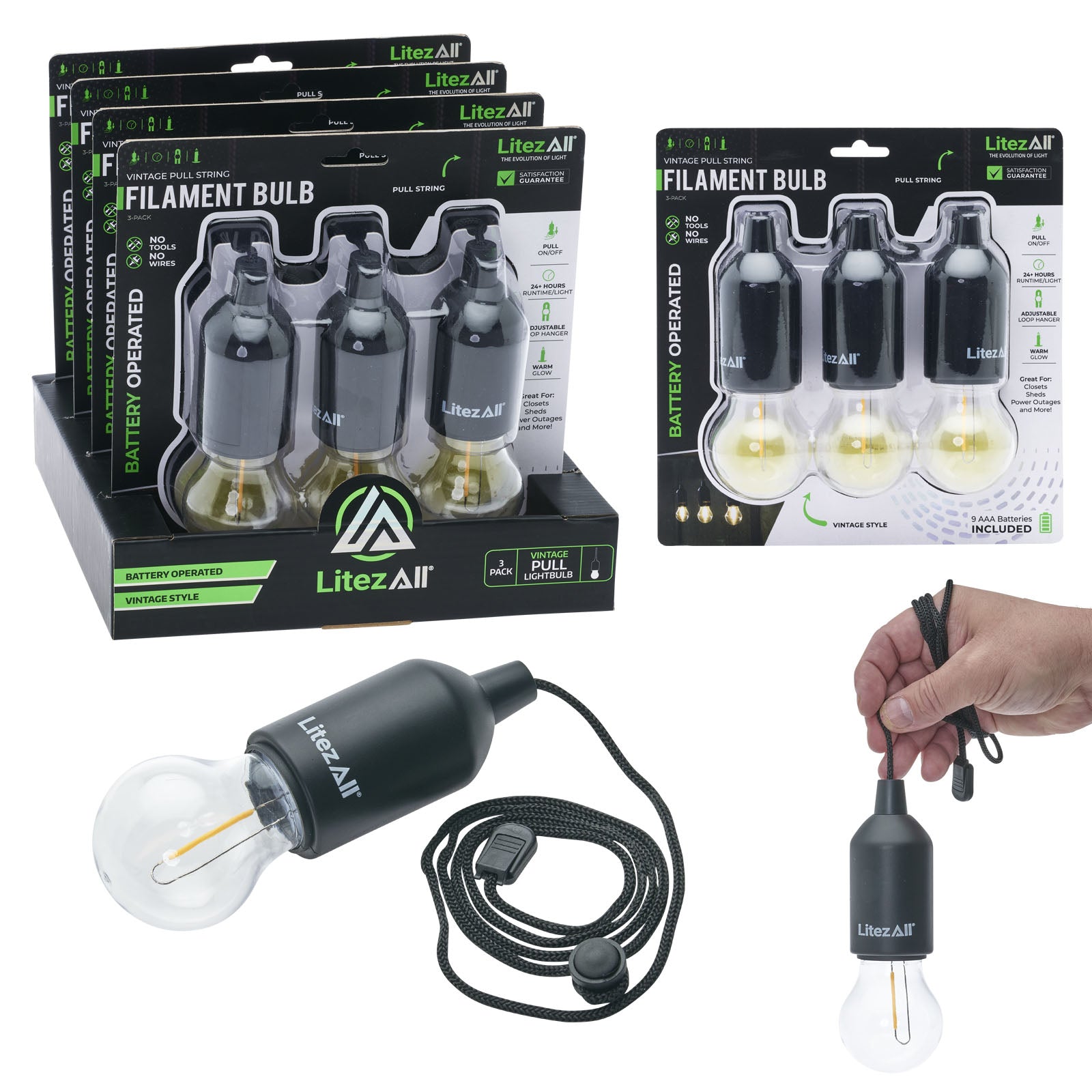 LitezAll Pull String Warm White Battery Powered Bulb 3 Pack - LitezAll
