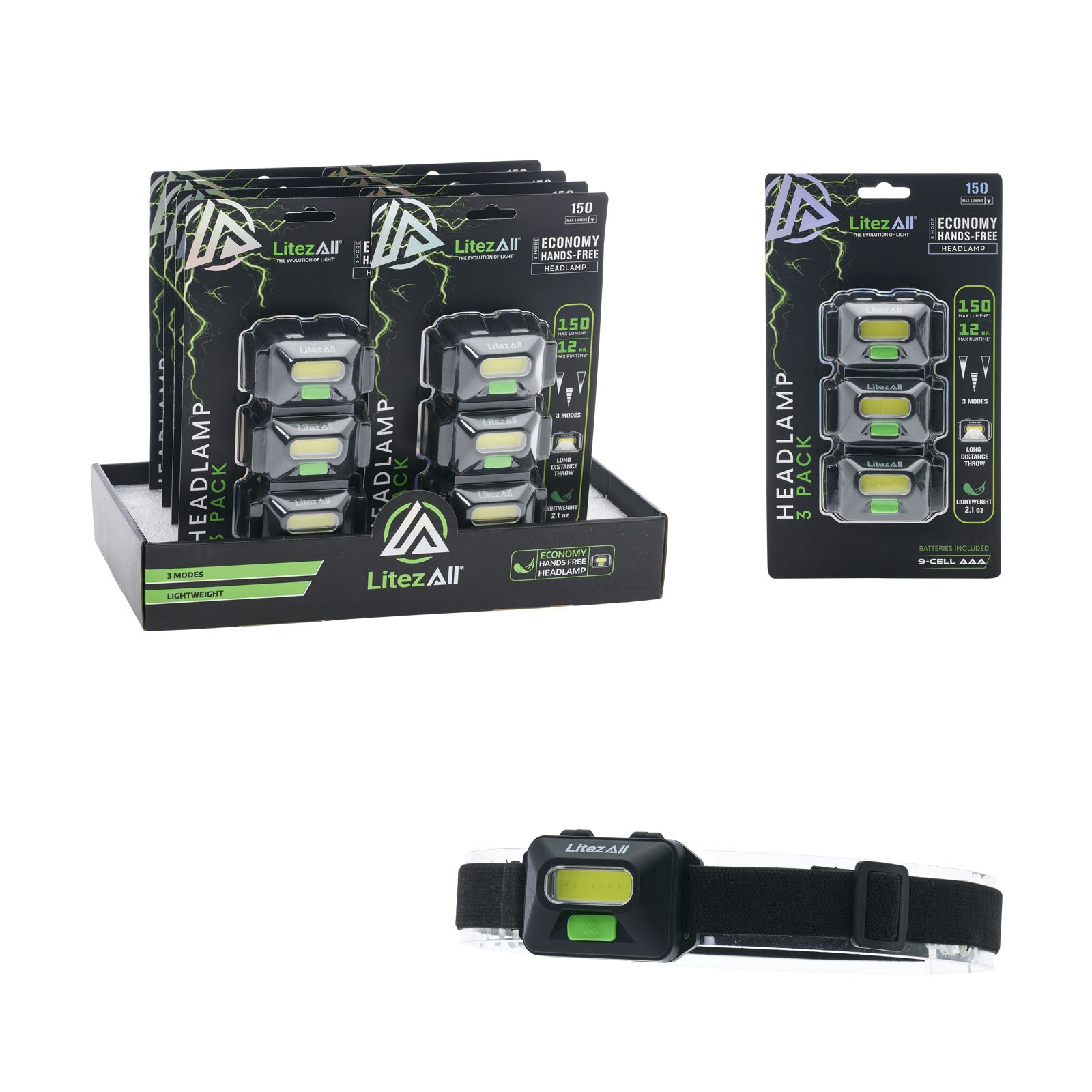 LitezAll Economy Headlamp 3 Pack 28615 - LA-150LMHL-8-16