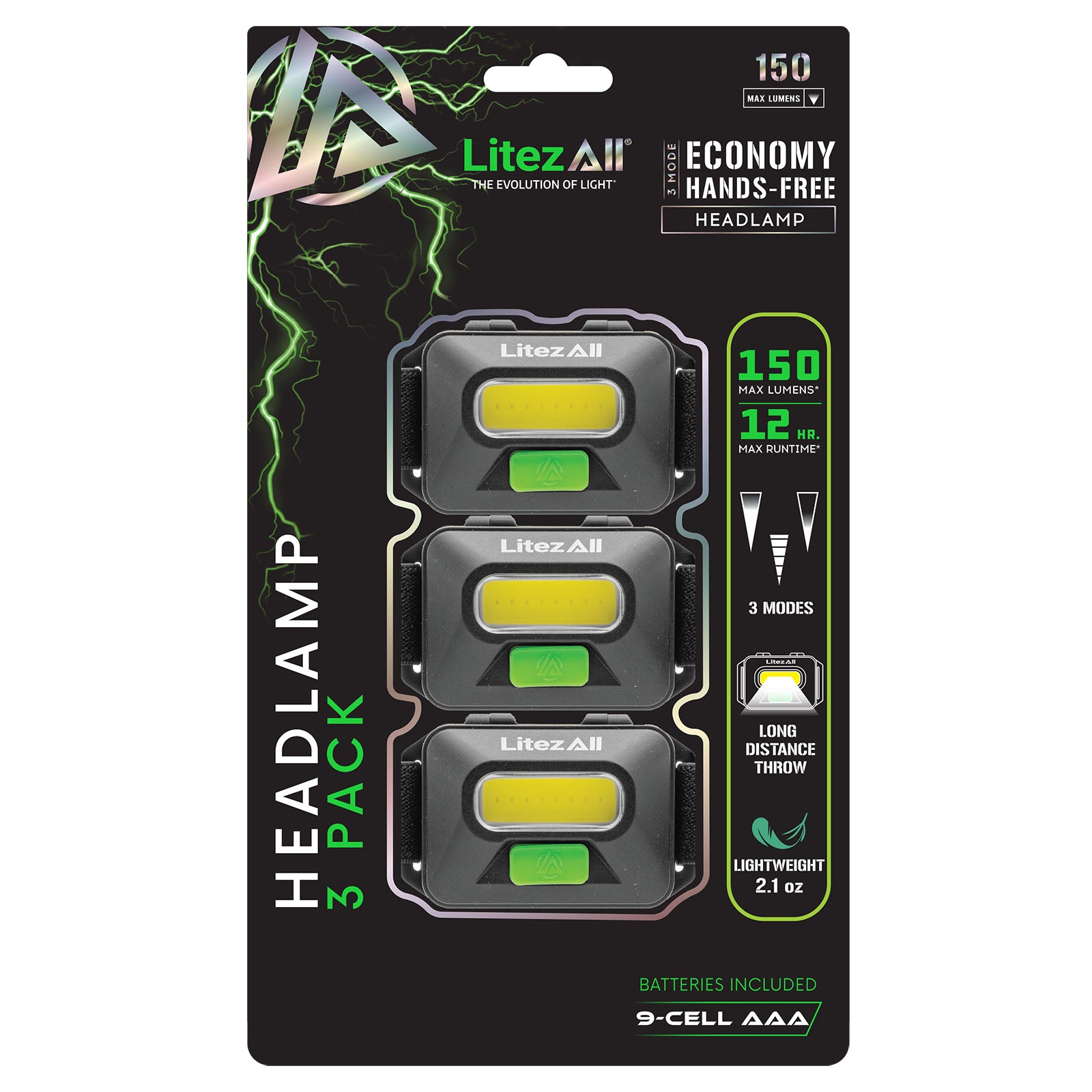 LitezAll Economy Headlamp 3 Pack 28615 - LA-150LMHL-8-16