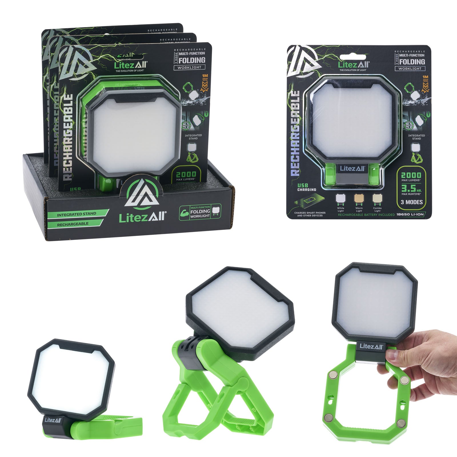 LitezAll® Rechargeable 2000 Lumen Folding Work Light with Power