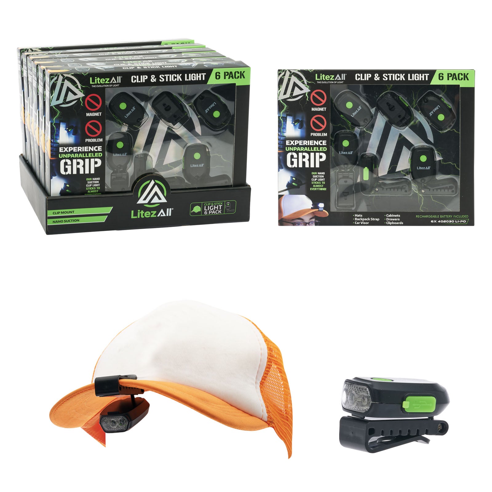 LitezAll Rechargeable 60 Lumen Cap Light with Clip & Nano Suction Technology 6 - Pack Gift Box - LitezAll - Work Lights - 1