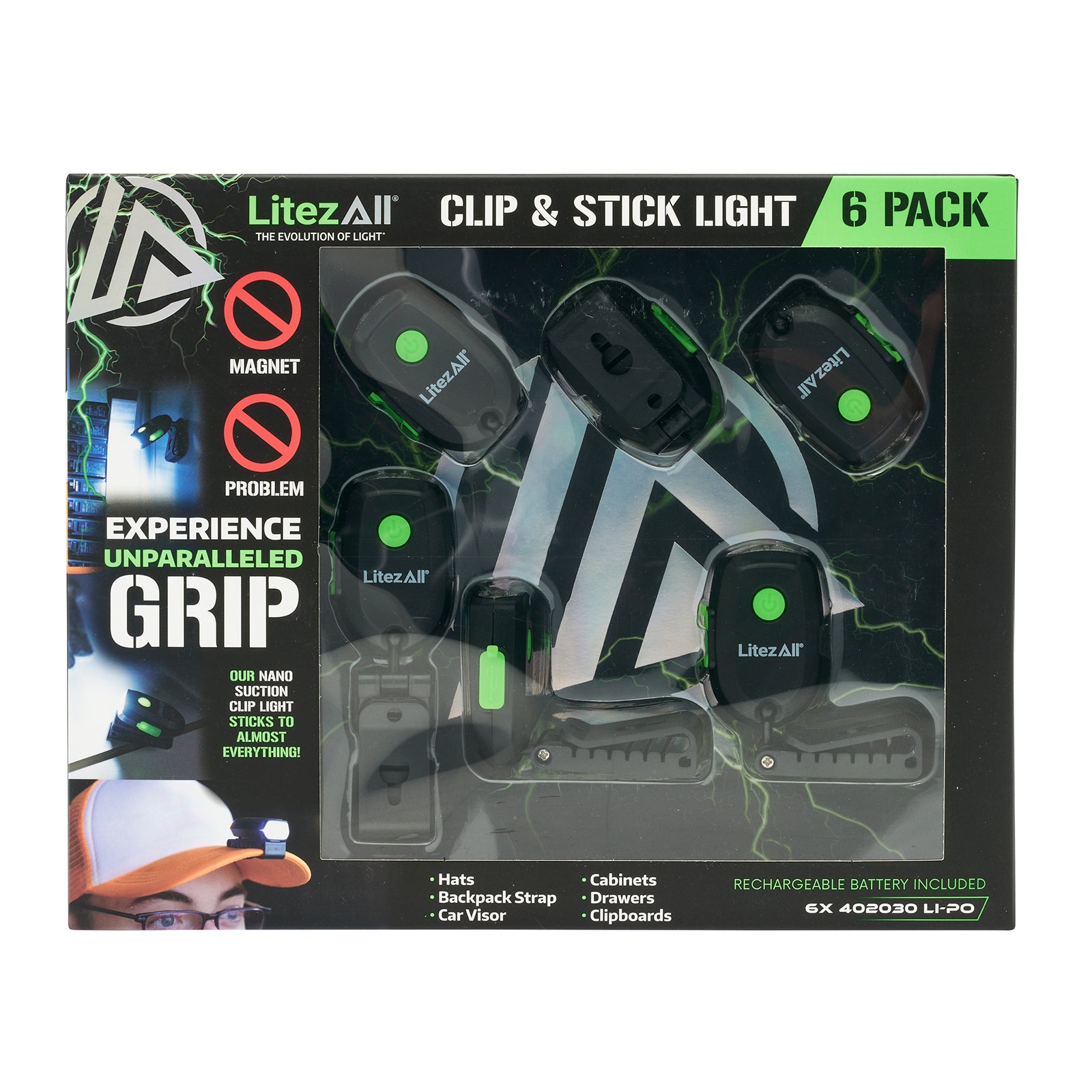 LitezAll Rechargeable 60 Lumen Cap Light with Clip & Nano Suction Technology 6 - Pack Gift Box - LitezAll - Work Lights - 48