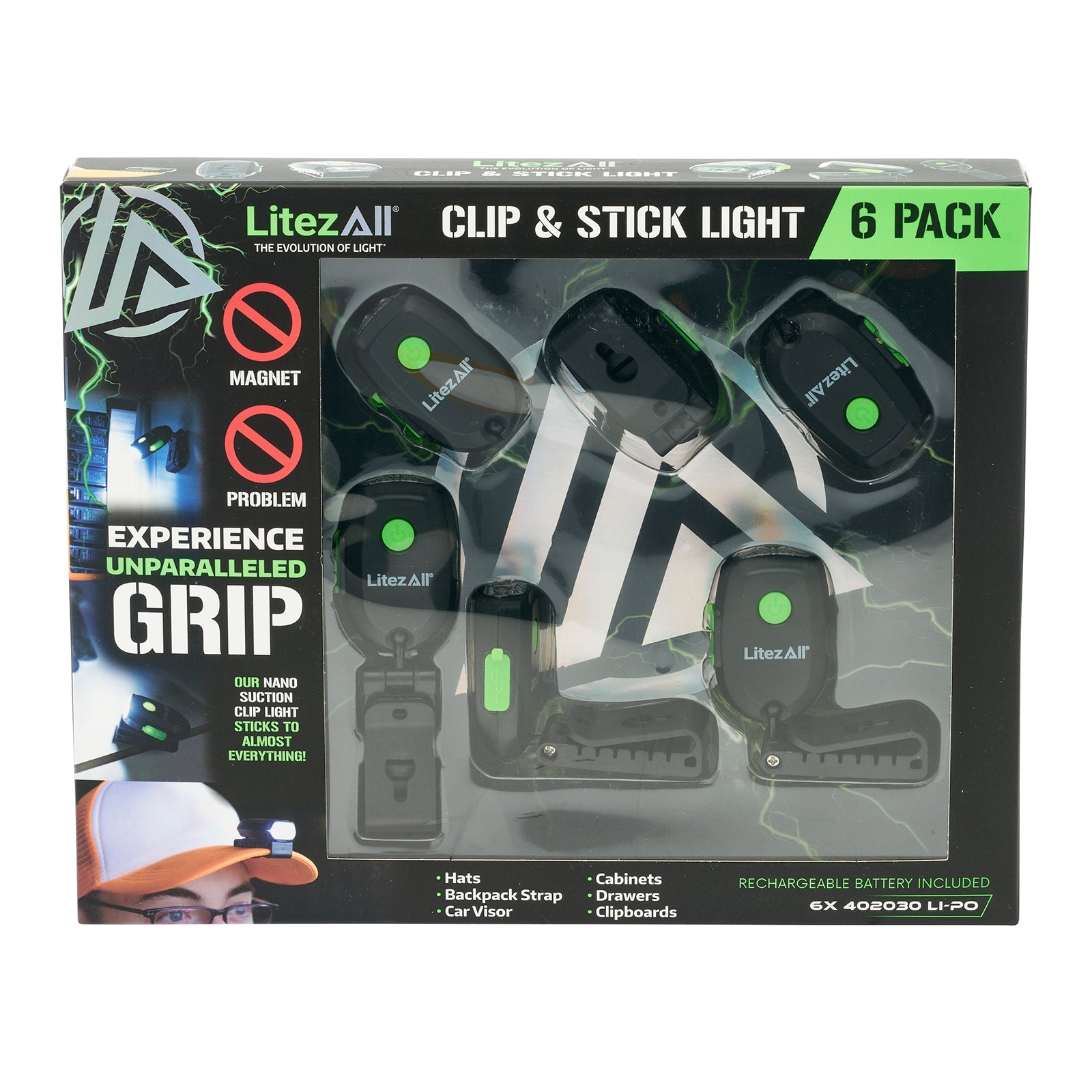 LitezAll Rechargeable 60 Lumen Cap Light with Clip & Nano Suction Technology 6 - Pack Gift Box - LitezAll - Work Lights - 49