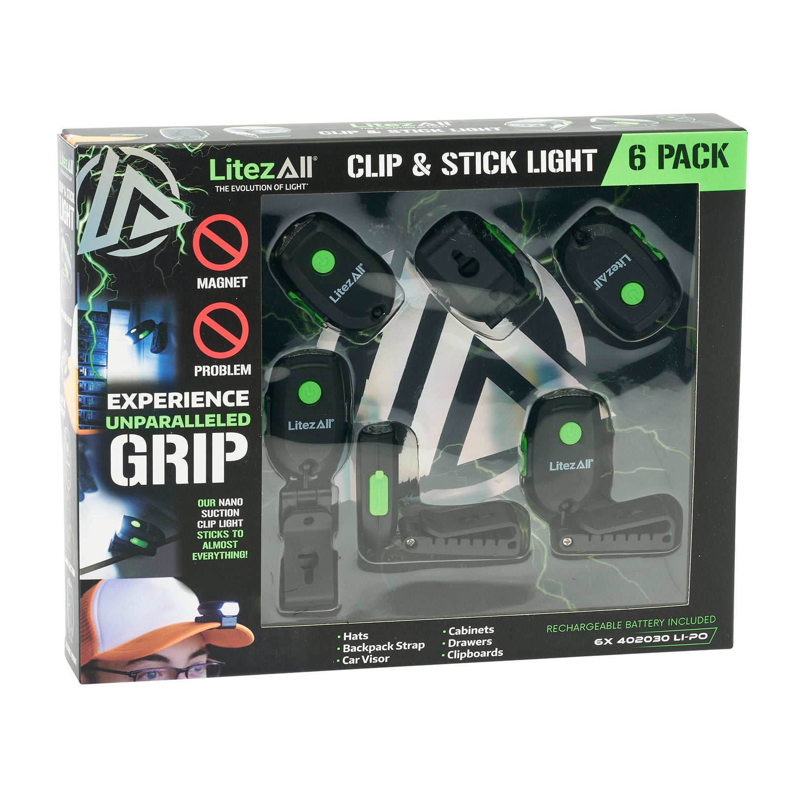 LitezAll Rechargeable 60 Lumen Cap Light with Clip & Nano Suction Technology 6 - Pack Gift Box - LitezAll - Work Lights - 50