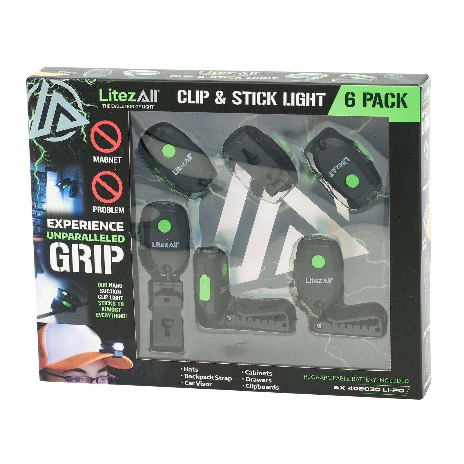 LitezAll Rechargeable 60 Lumen Cap Light with Clip & Nano Suction Technology 6 - Pack Gift Box - LitezAll - Work Lights - 51