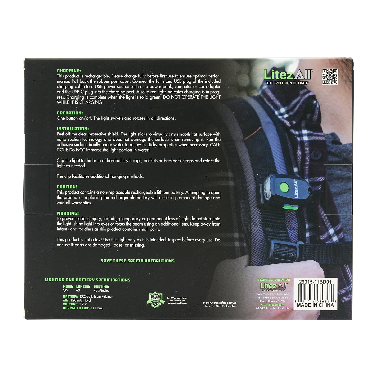 LitezAll Rechargeable 60 Lumen Cap Light with Clip & Nano Suction Technology 6 - Pack Gift Box - LitezAll - Work Lights - 52