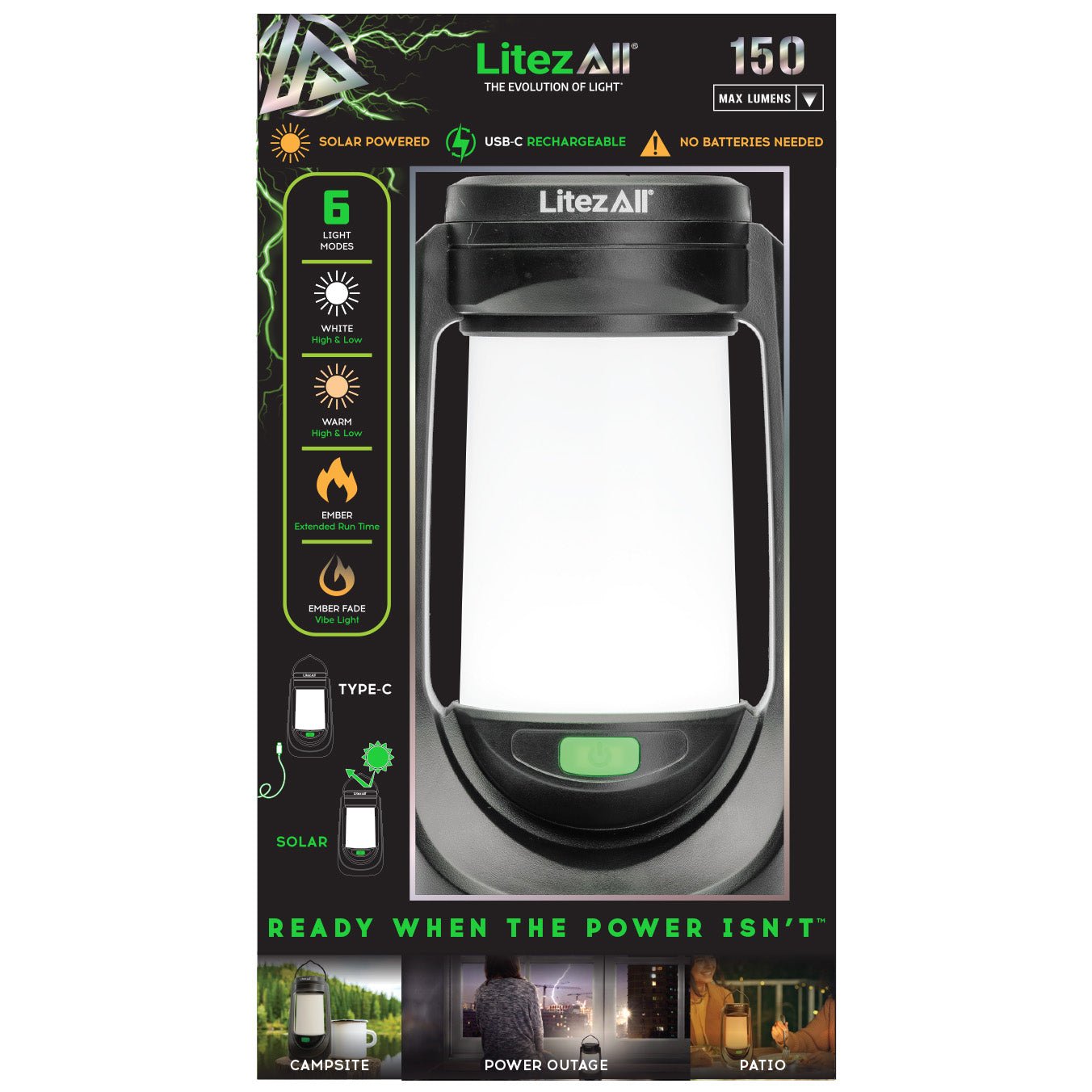 Litezall® 6 Mode Solar and USB Rechargeable Lantern - LitezAll - 2