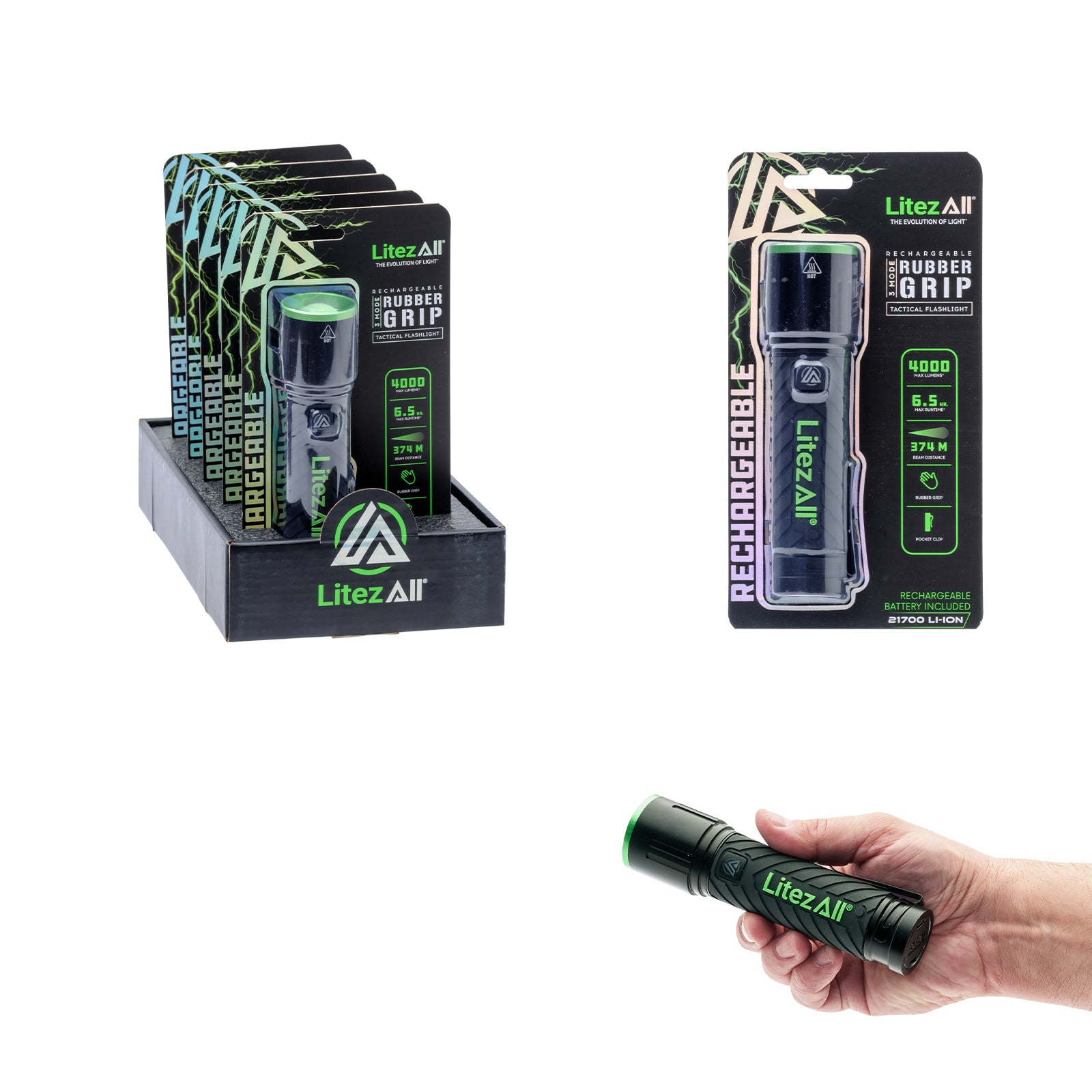 LitezAll 3 Mode Rechargeable Rubber Grip Tactical Flashlight